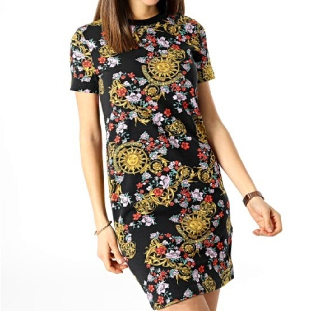 VERSACE JEANS COUTURE Women's Size 0 Black Gold Sunflower Garland T-Shirt Dress